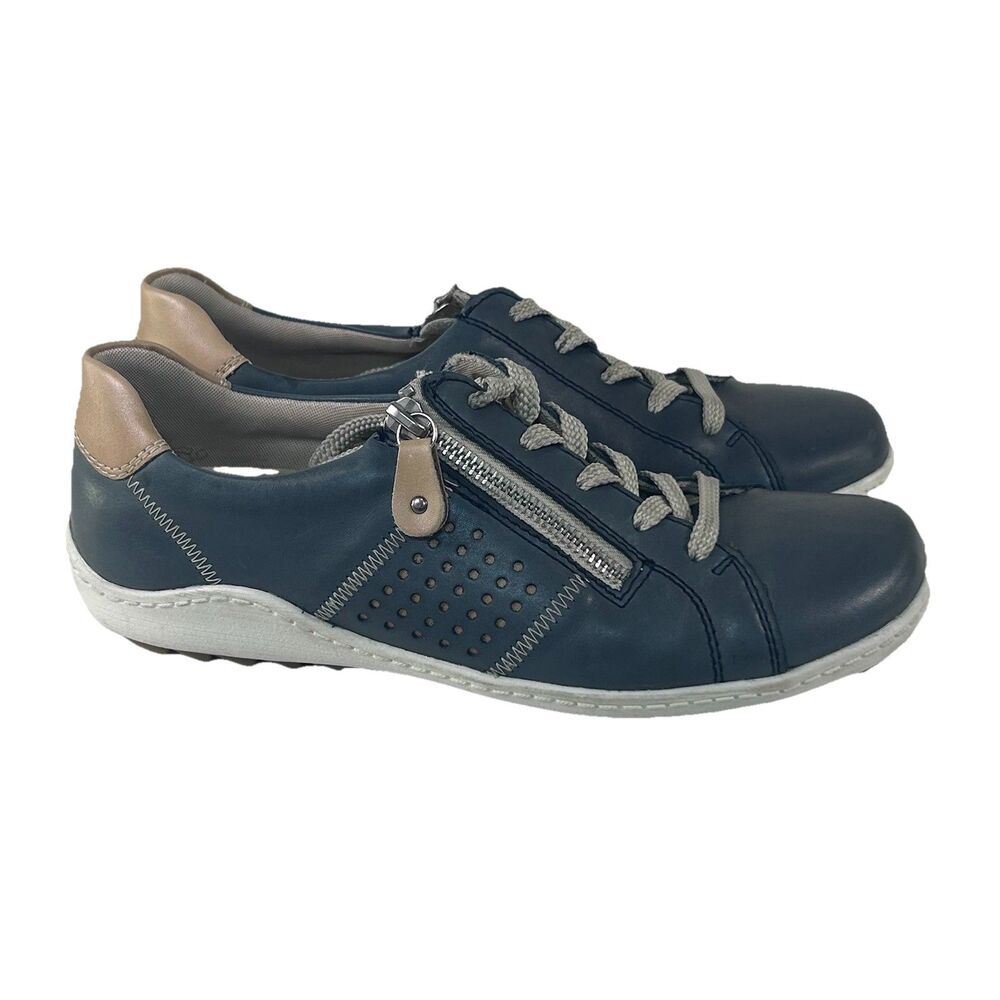 Remonte Soft blue Leather Side Zip Sneakers Women 39 EU 8-8.5 Lace Up